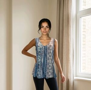 Boho Sleeveless Tank Top Blue Cream Paisley Stripe Flowy Size M